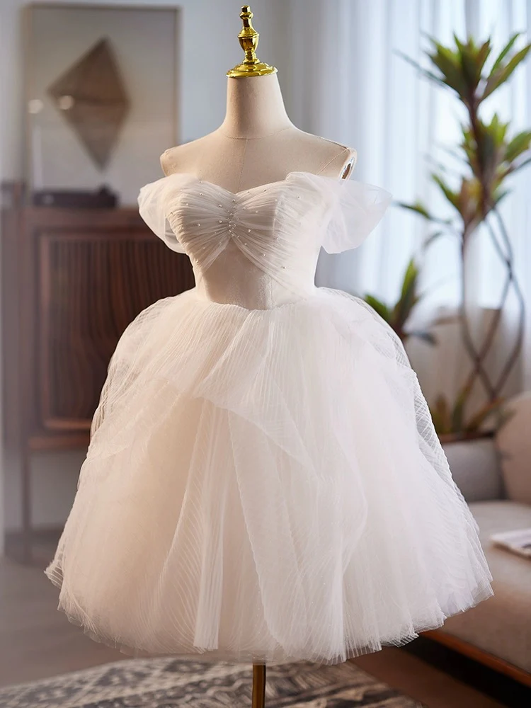 White Sweetheart Tulle Lace Short Prom Dress, White Homecoming Dress MD7228