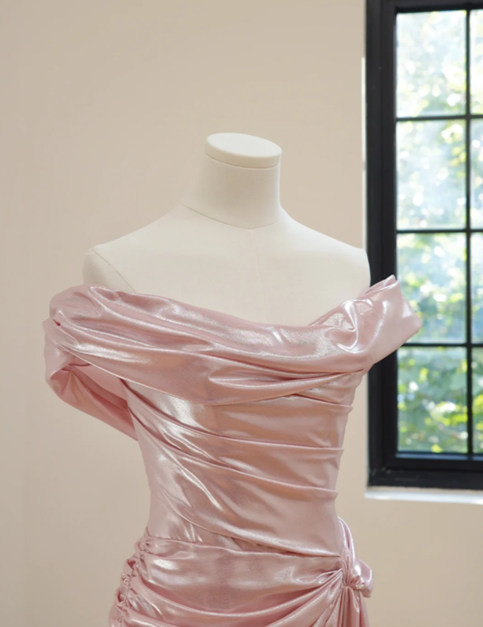 Fairy Pink Off The Shoulder Satin Pleated Slit Mermaid Party Dress Long Wedding Guest Dress D2175