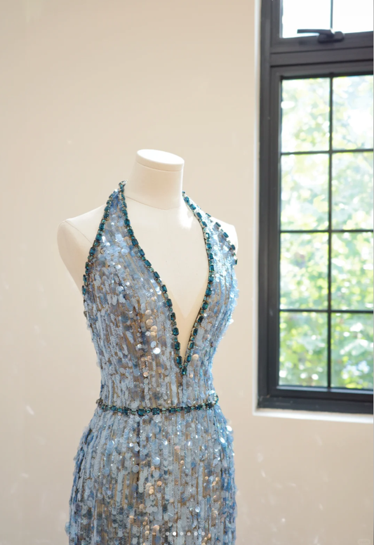 Gorgeous Halter Deep V Blue Sequin Beaded mermaid Long Party Dress Evening Dress D2176