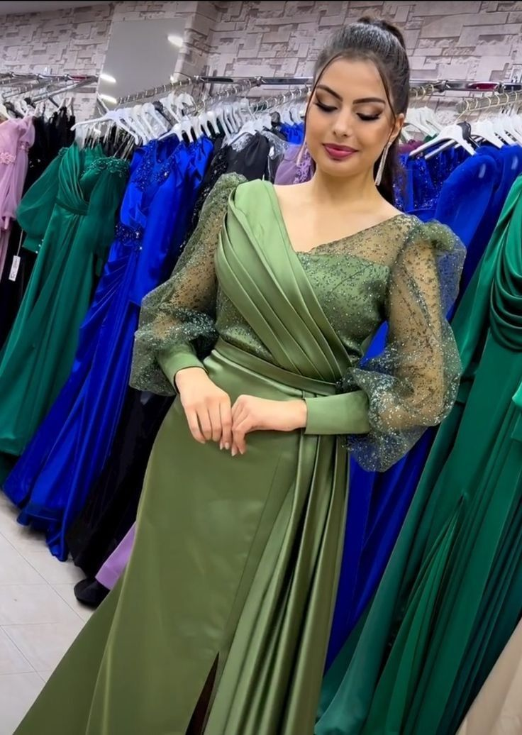 Modest Green Long Sleeves Prom Dress,Fashion Prom Gown cc1315