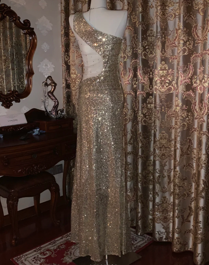 Sparkly Gold One Shoulder Sequin Mermaid Evening Dress Long Party Gown