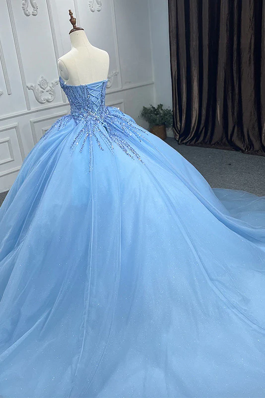 Shiny Ball Gown Blue Tulle A-Line Long Party Prom Dresses Evening Dress MD7239