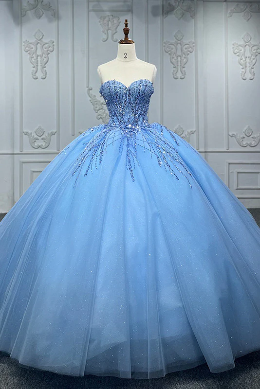 Shiny Ball Gown Blue Tulle A-Line Long Party Prom Dresses Evening Dress MD7239