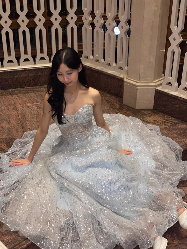 Light blue strapless, fitted waist, full skirt long ball gown R8367