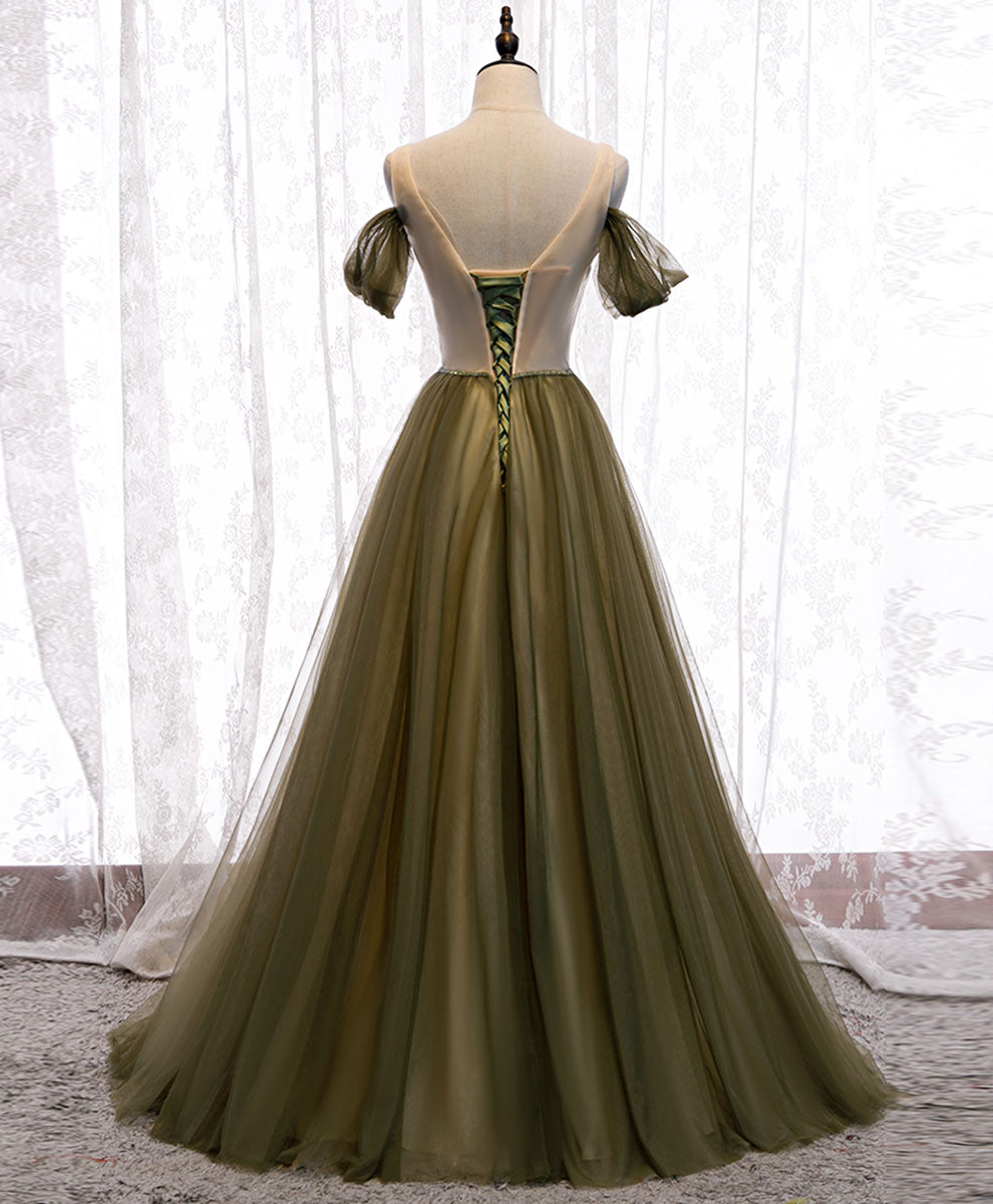 Dark Green Off Shoulder Lace-up Formal Dress, Green Long Bridesmaid Dress