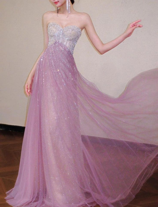Shiny Pink Strapless Tulle Beaded Mermaid Long Birthday Party Dress Evening Gown