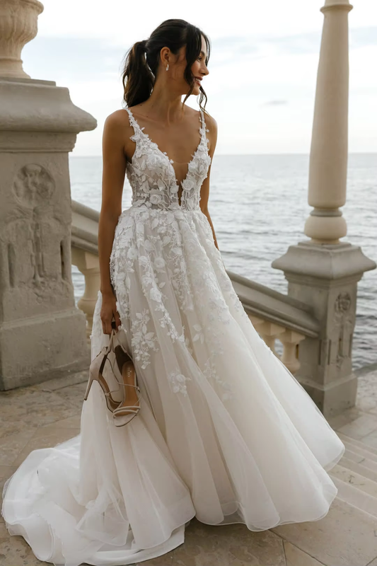 A line lace wedding dresses for women,long beach dresses,classy dresses S7105