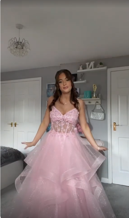 A Line Pink Tulle Long Prom Dresses S6993