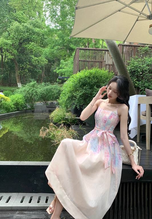 Fresh and elegant gradient print dress female 2025 new French gentle style flower suspender skirt R4380