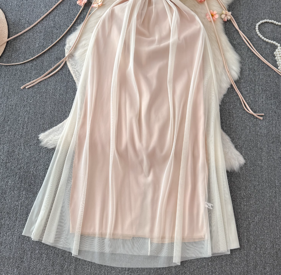 French style mesh suspender dress for women new style temperament waist slimming A-line long skirt R0373