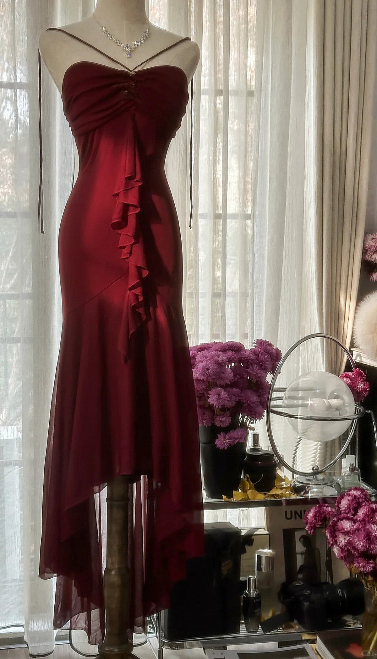 Wine Red High Low Chiffon Sweetheart Party Dress, Wine Red Chiffon Homecoming Dress
