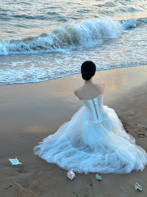 White strapless corset waist slim-fit tulle skirt ball gown prom dress R8011