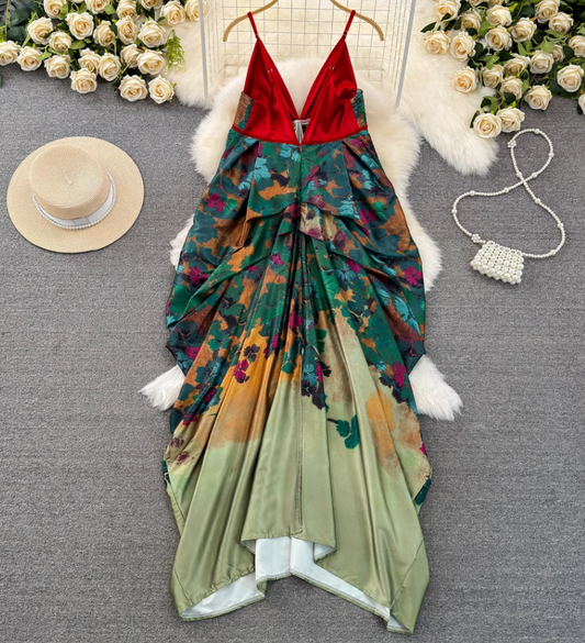 Classical Aesthetics Floral V-neck Large Backless Suspender Dress Seaside Holiday Beach Dress R0385