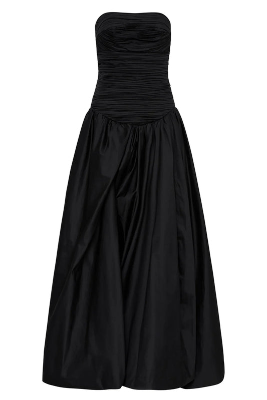 Pretty Ball Gown Strapless Black Satin Long Prom Dresses With Ruffles Evening Dress C2598