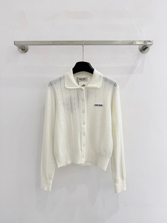 Miumiu 2025 Knit Cardigan White and Gray Wool