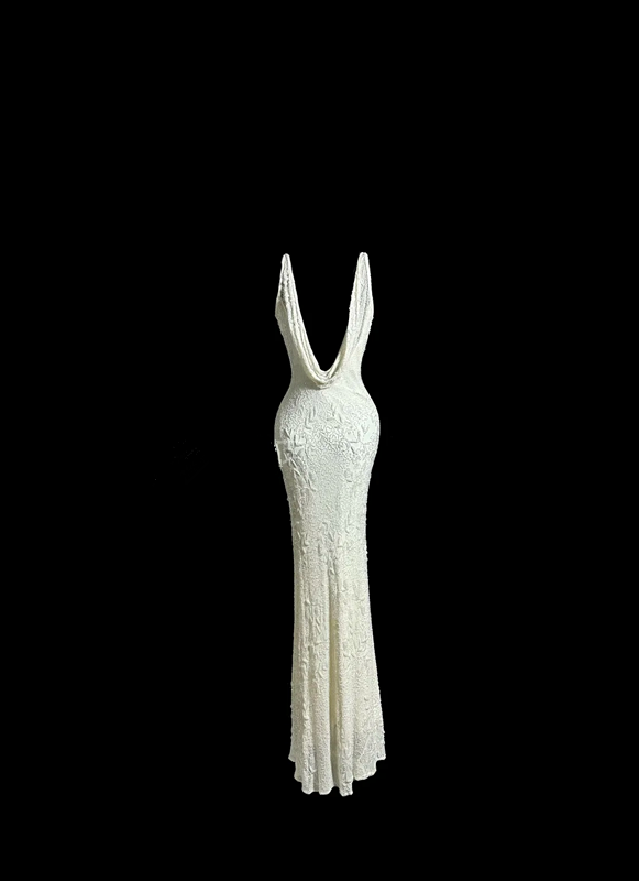 White halter-neck embroidered fitted waist slim hips sexy long ball gown R6629