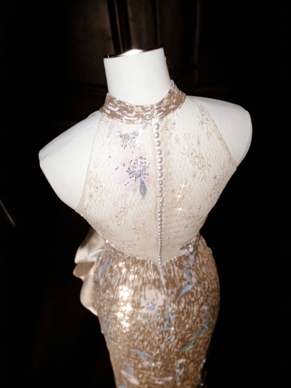 Champagne pink sequined sleeveless waist slim hip long skirt, prom dress R5638