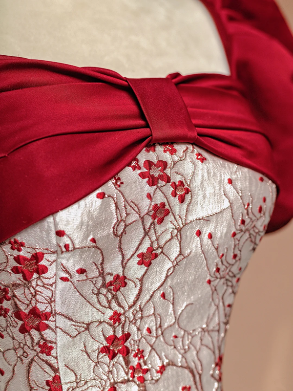 Red square neckline, fitted waist, elegant long ball gown with red floral print; bridal gown R8389
