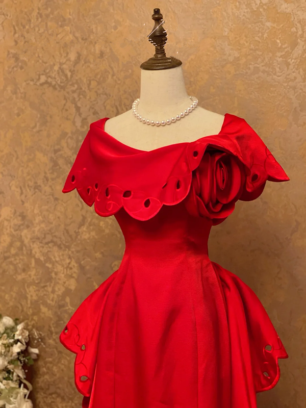 Red Vintage Waist-Cinched Floor-Length Ball Gown, Bridal Gown R7355