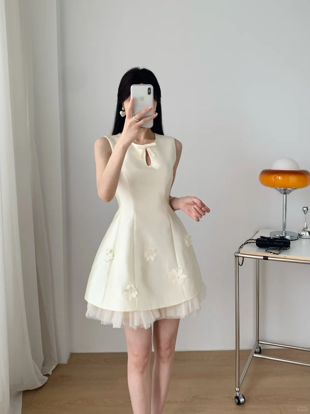 White satin neckline hollow design waist slim A-line skirt short skirt homecoming dress R4207