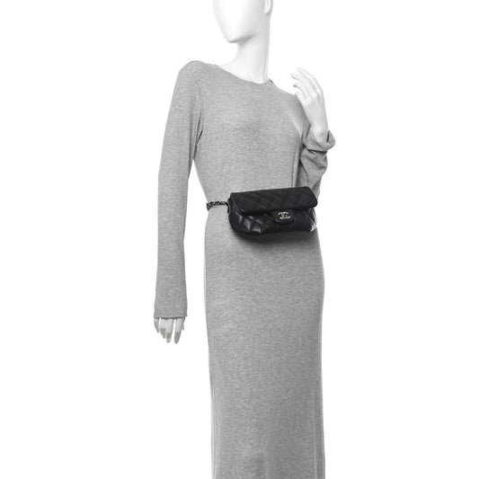 Calfskin Quilted CC Uniform Flap Belt Bag Black
