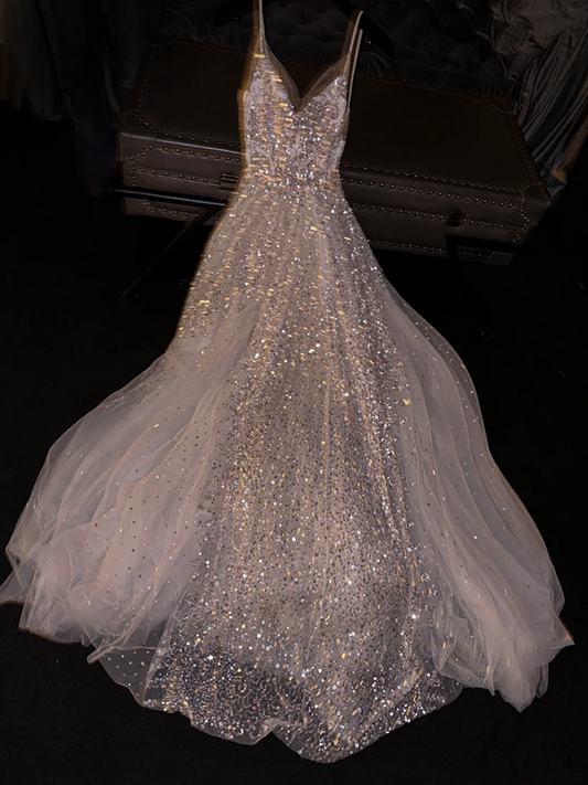 Light pink sequined halter-neck fitted long ball gown/bridal dress R8817