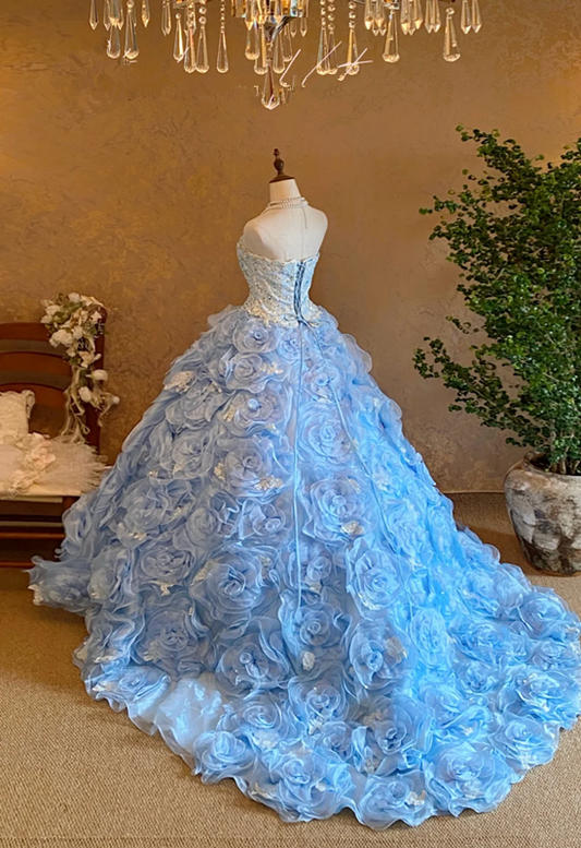 Light Blue Strapless Waist-Cinched Puffball Skirt Floor-Length Ball Gown, Bridal Gown R7356