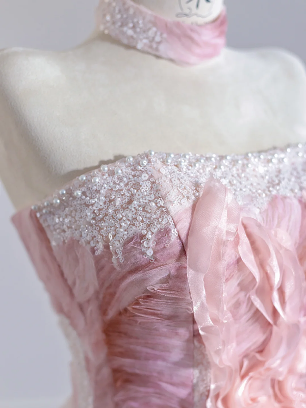 Light pink rose print strapless A-line ball gown/bridal dress with a cinched waist and full skirt R8272