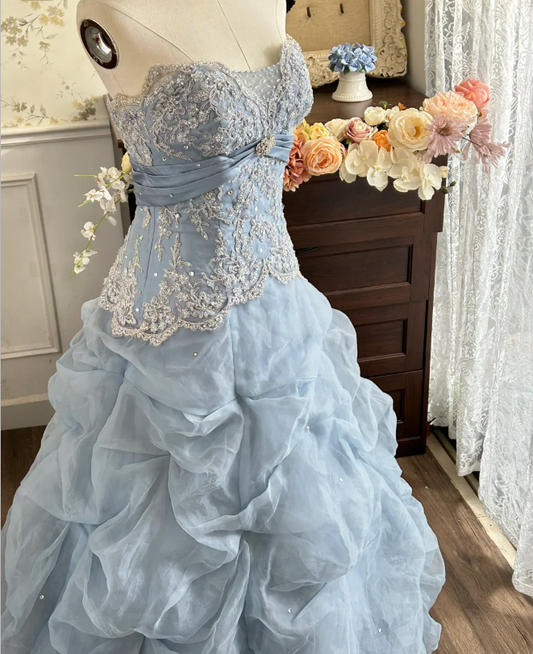 Vintage Princess Light Hazy Blue Strapless Lace Embroidered Tulle Ball Gown Evening Dress cc5377