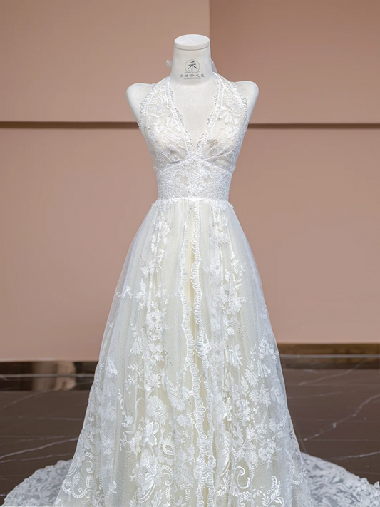 Off-white halter neck fitted waist long lace ball gown, elegant wedding dress R8331