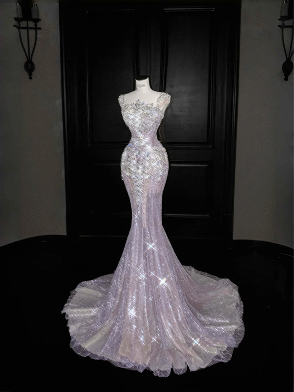 Light pink diamond suspenders waist hip-hugging fishtail sexy long skirt, prom dress R5642