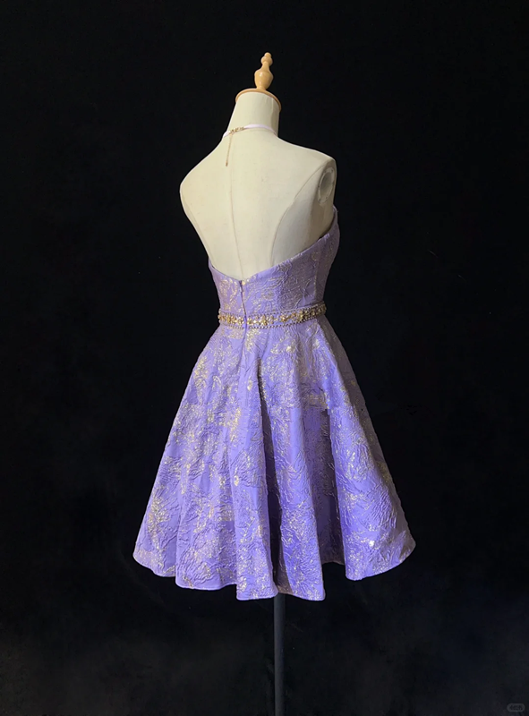 Purple pleated design strapless waist satin A-line skirt homecoming dress R4981