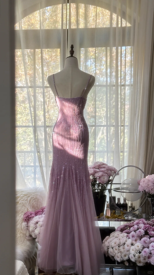 Retro Pink Sparkling Beaded Mermaid Chiffon Evening Dress Prom Dress D1474