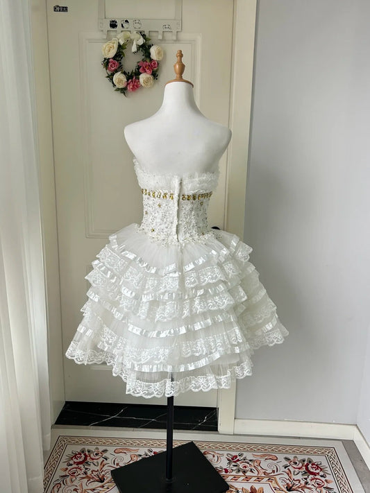 Chic Homecoming Dress Strapless Cascade Lace Back to School Outfits Party Dress D6464