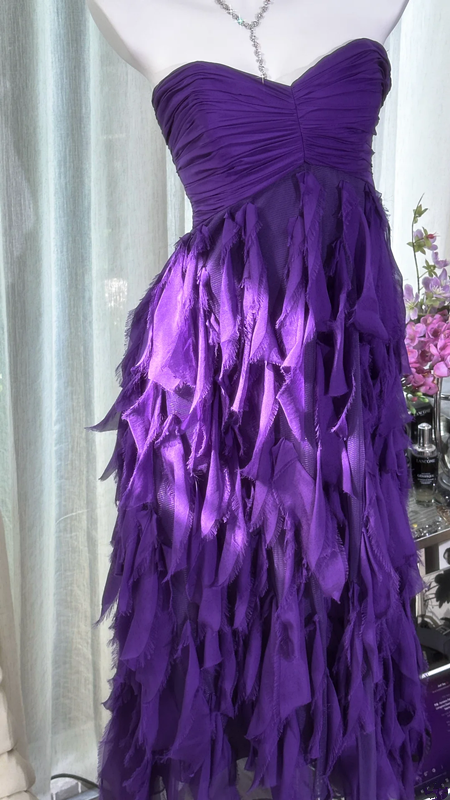 Purple strapless, fitted waist, tiered skirt, mid-length ball gown R7629