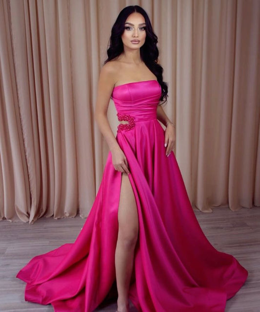 Strapless Prom Dress A-Line Slit With Pearls fg5656