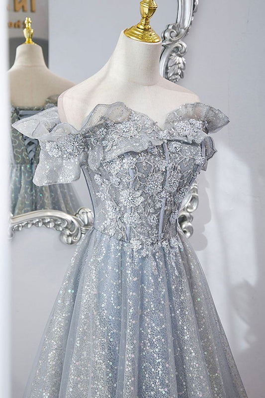 Tulle Lace Long Prom Dresses, A-Line Sequins Evening Dresses fg5490