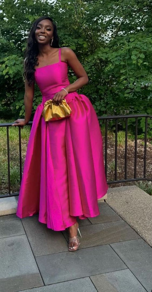 Fuchsia Spaghetti Straps A-Line Satin Long Formal Party Dress fg7476