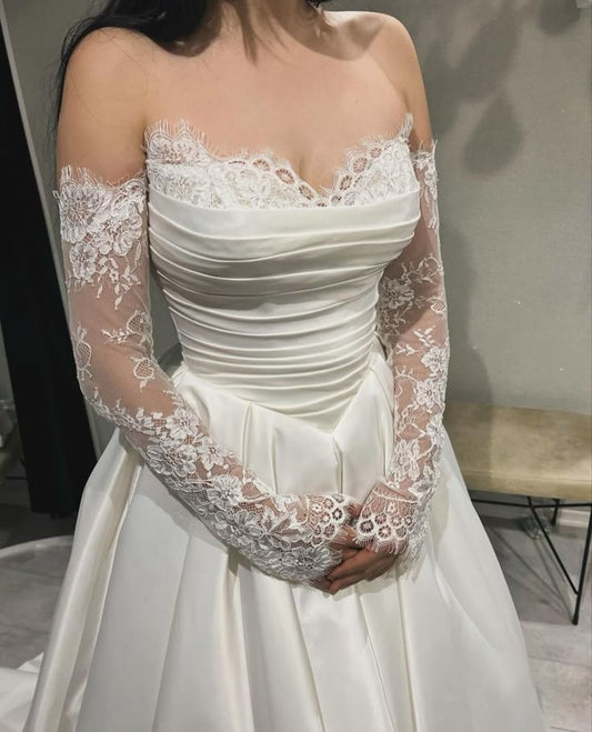 A Line Satin Lace Wedding Dress Modest Princess Bridal Gown S7095