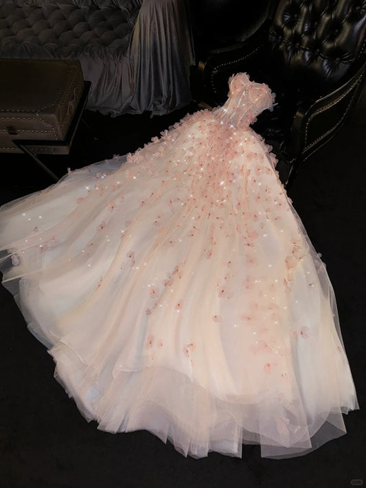 A Line Tulle Strapless Long Stunning Vintage Evening Gown Prom Dress S7263