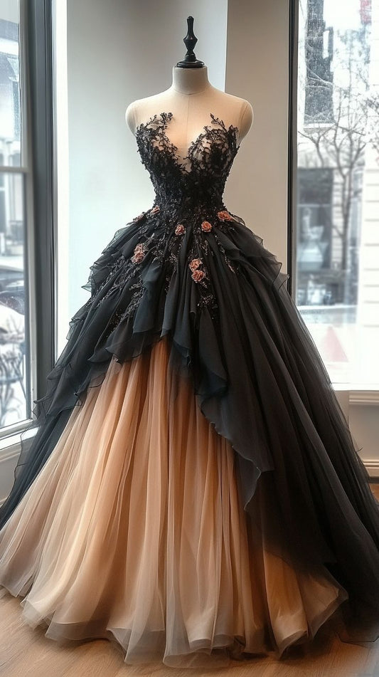Vintage A-line tulle appliques long prom dress, formal evening dress S7135