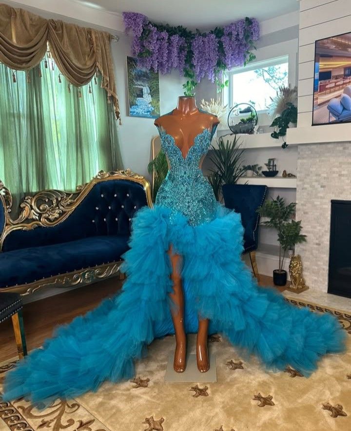 Custom made ruffle mermaid prom dress luxury beaded rhinestone birthday party evening gowns long black girls dresses S7255