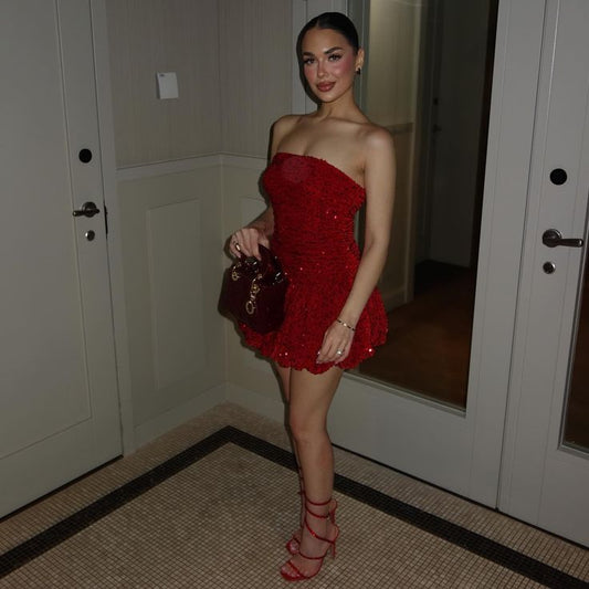 A Line Red Sequin Birthday Outfit Short Evening Dress Short Party Dress Homecoming Dress fg8053
