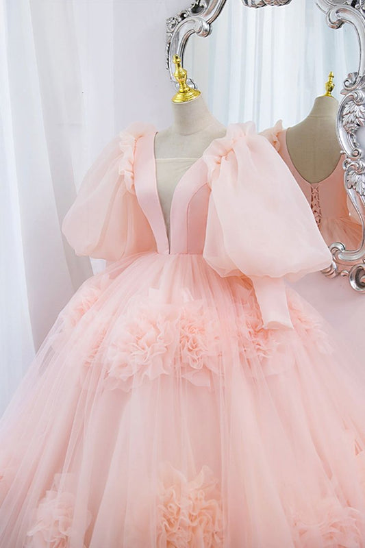 V-Neck Tulle Long Prom Dress, A-Line Puff Sleeve Princess Dress fg5705