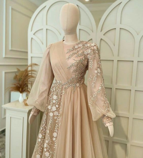 Elegant evening dress tulle muslim dress, wedding guest dress, champagne special occasion dress fg6673
