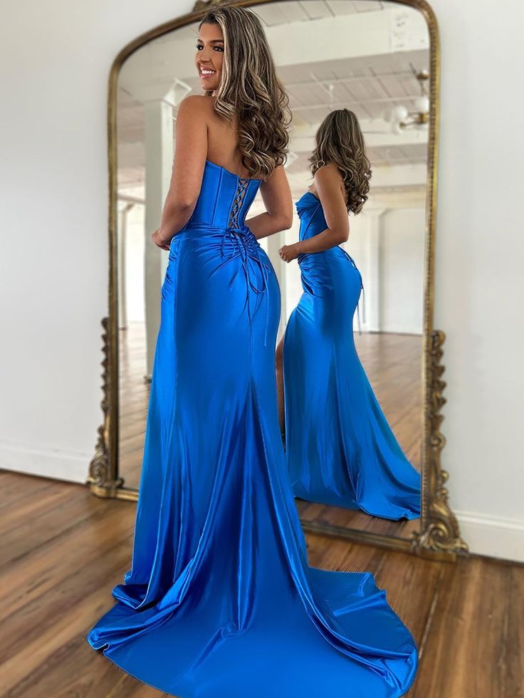 Mermaid Strapless Satin Long Prom Dress With Slit fg5867
