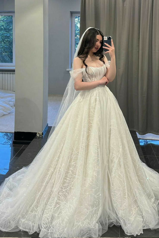 A Line Off Shoulder Tulle Wedding Dress Modest Princess Bridal Gown S7097