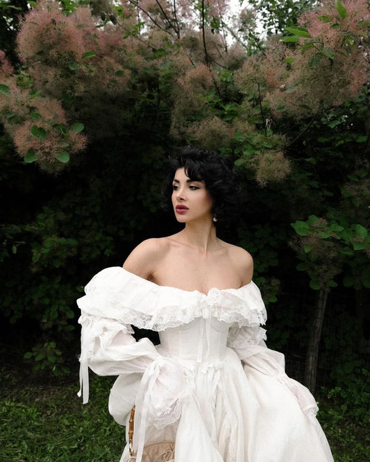A Line Vintage Off Shoulder Long Wedding Dress S7075