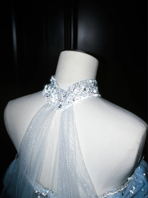 Light blue sequined one-shoulder waist-hugging hip-wrapped fishtail sexy long skirt, prom dress R5616