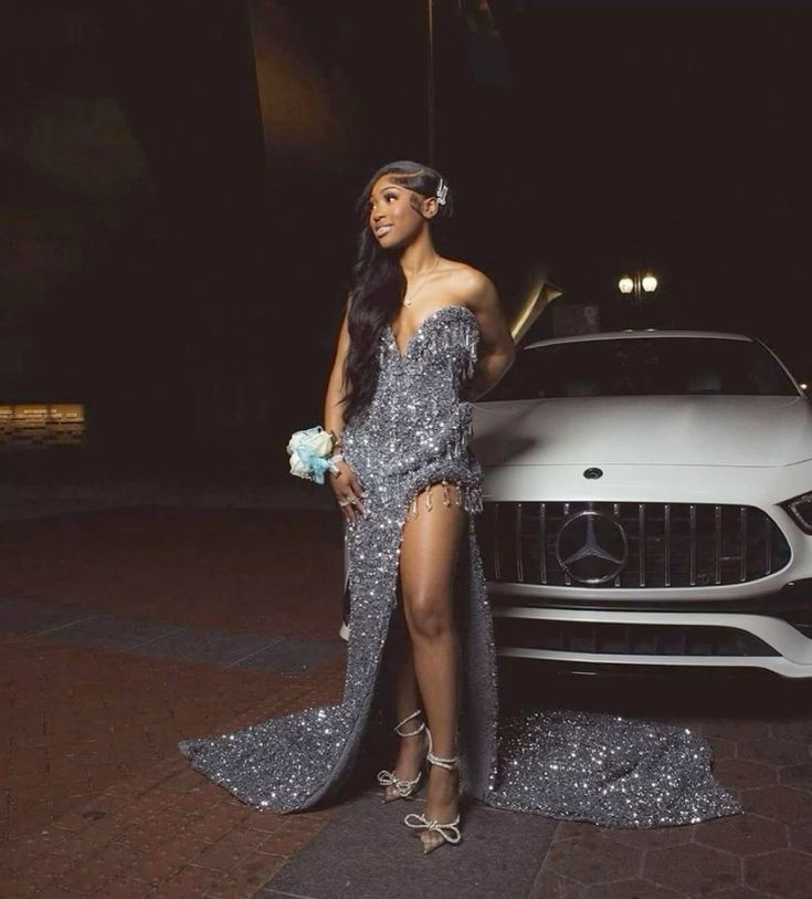 Women Prom Dress Silver Gray Mermaid Sequin Evening Dress fg5432